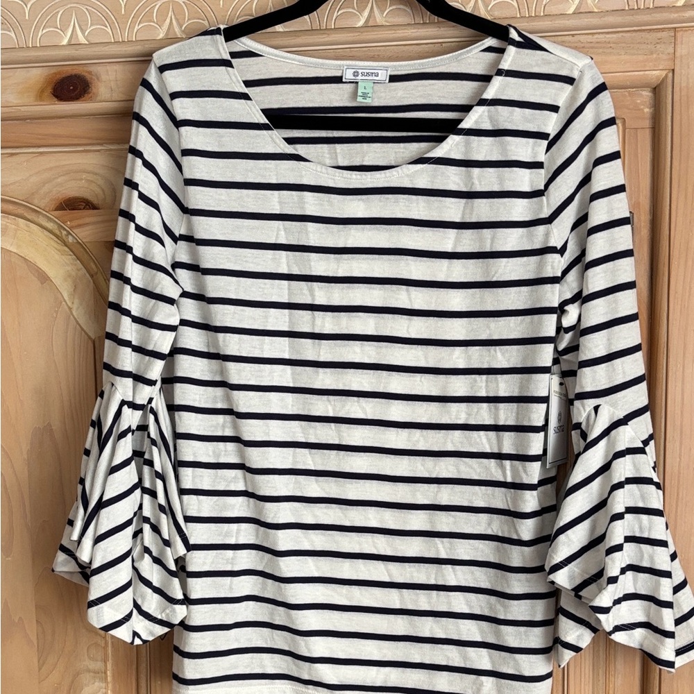 Susina Navy and White Striped Ruffle Sleeve Blouse